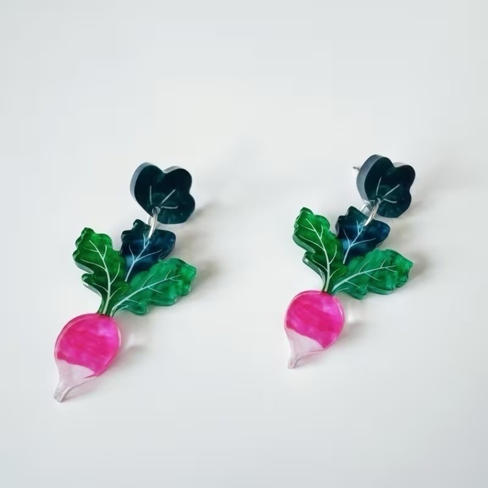 Pink Radish Acrylic Drop Earrings Green Leaf Vegetable Garden Novelty Jewelry